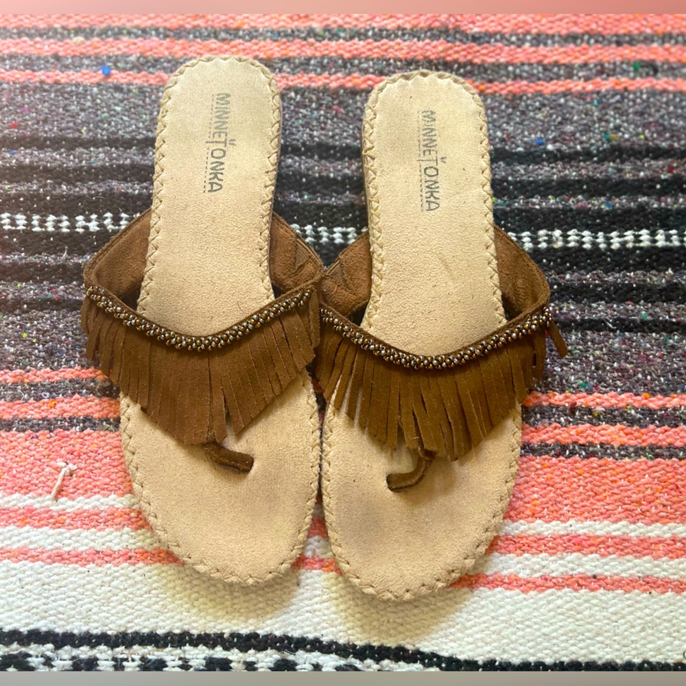 Minnetonka sandals with beaded leather fringe